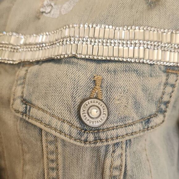 Aeropostale Upcycled Bleached and Distressed Denim Trucker Jacket, "Angel Wings" - Picture 4 of 11